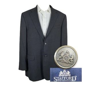 Stafford Blazer‎ Mens 46L Dark Gray Two Silver Metal Buttons Wool Blend